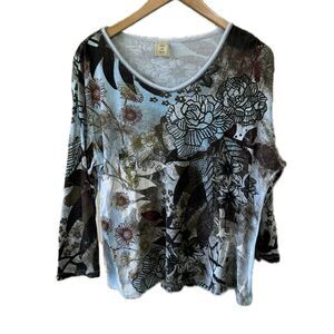 Jess & Jane 100% Cotton Boho Art To Wear Earthy Floral Embellished Jewels Top XL